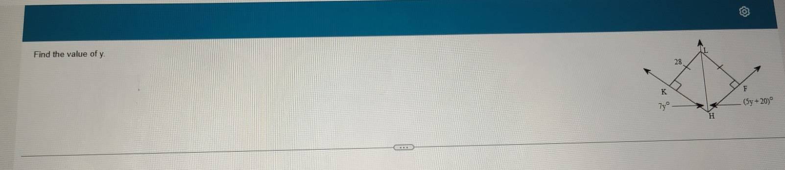 Find the value of y
L
28
K
F
7y°
(5y+20)^circ 
H