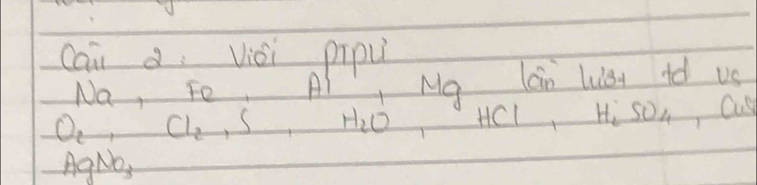 Cai a Visi pipu 
Na, Fo, AI 10 a cn Wus id vs
O_2, Cl_2, S, H_2O, HCl, H_2SO_4 Cup 
AgND,