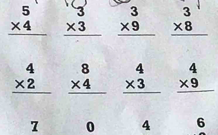 beginarrayr 5 * 4 hline endarray beginarrayr 3 * 3 hline endarray beginarrayr 3 * 9 hline endarray beginarrayr 3 * 8 hline endarray
beginarrayr 4 * 2 hline endarray beginarrayr 8 * 4 hline endarray beginarrayr 4 * 3 hline endarray beginarrayr 4 * 9 hline endarray
7 0 4 6