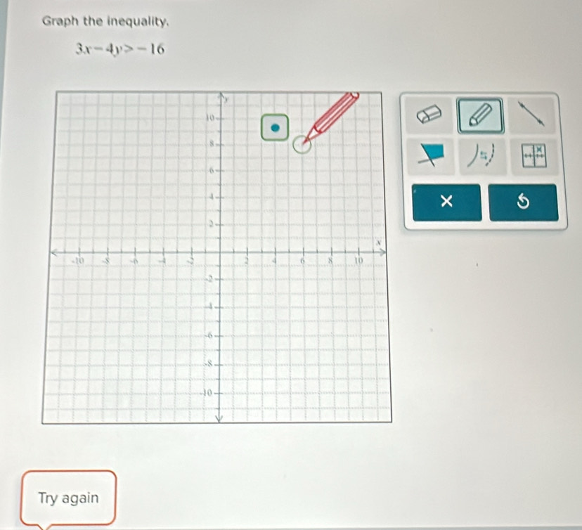 Graph the inequality.
3x-4y>-16
= 
× 
Try again