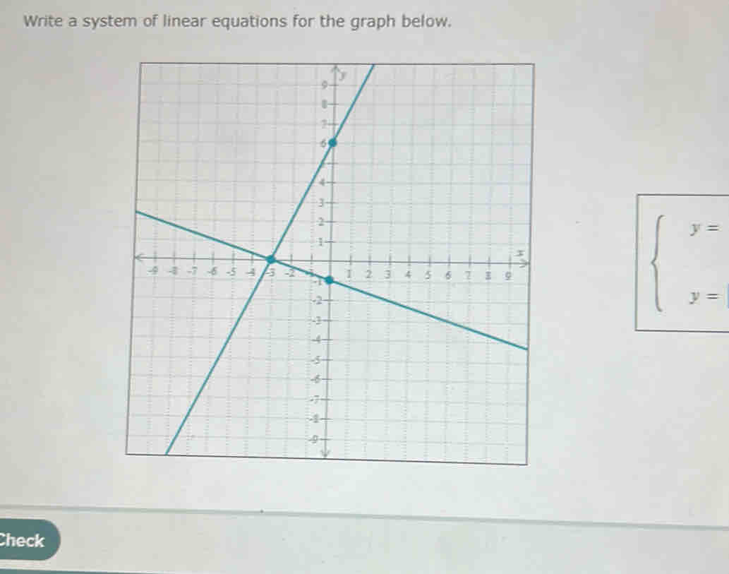 Write a system of linear equations for the graph below.
beginarrayl y= y=endarray.
Check