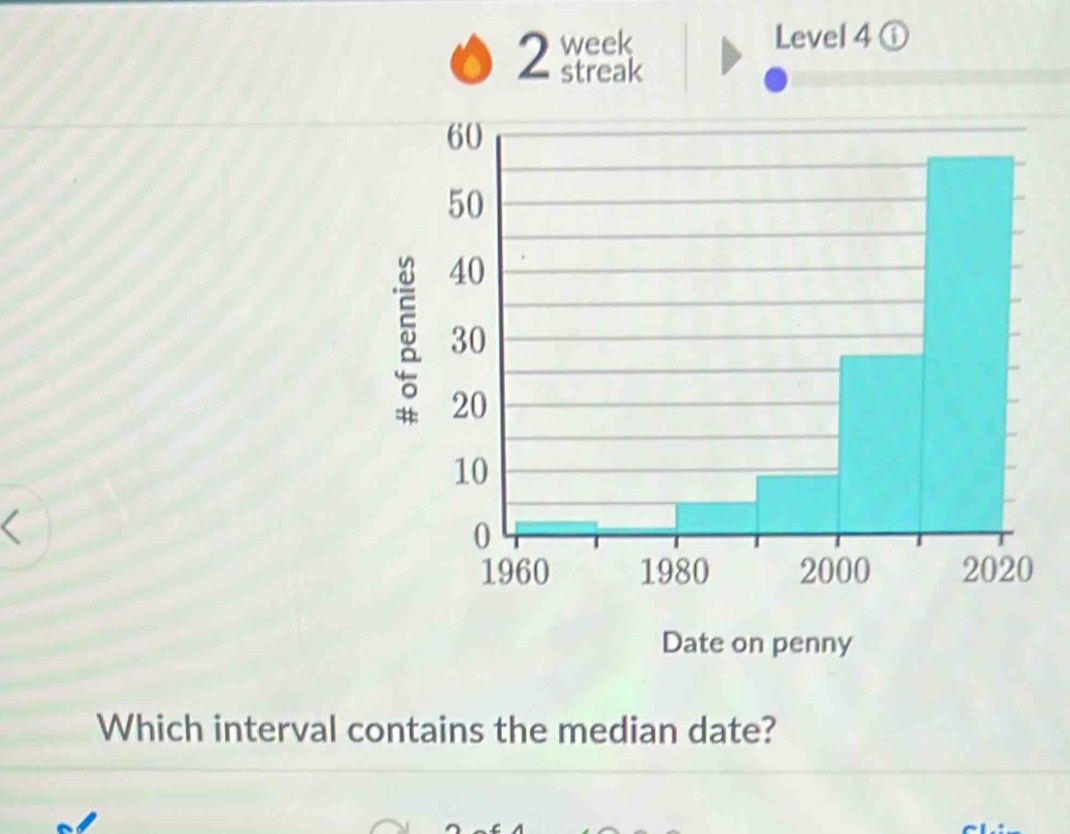 Level 4 ① 
Which interval contains the median date?