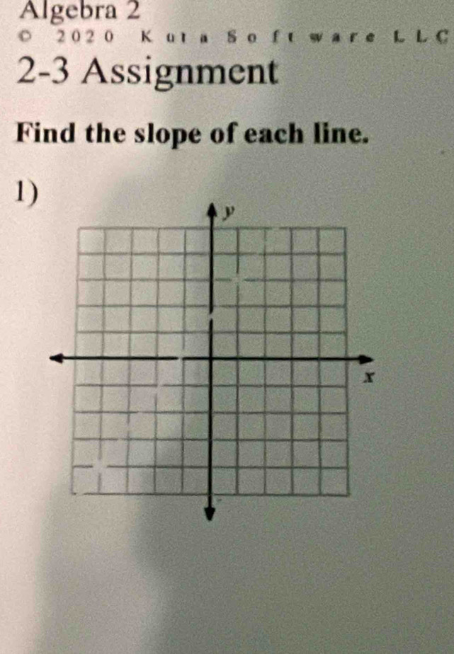 Algebra 2 
© 2 0 2 0 K u t s n 
L L C 
2-3 Assignment 
Find the slope of each line. 
1