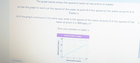 The graph below shows the speed of water at two points in a pipe.
a) Use the graph to work out the speed of the water at point B if the speed of the water at point A is
3 mm/s.
b) if the graph continues in the same way, what is the speed of the water at point B if the speed of the
water at point A is 300 mm/s?
Give your answers in m/s.