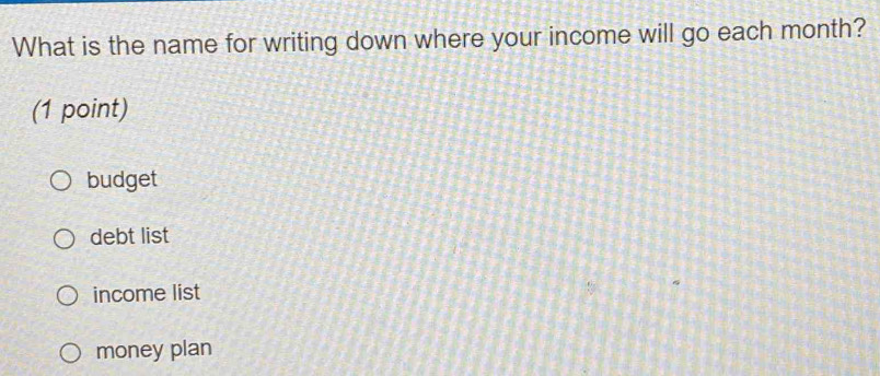 What is the name for writing down where your income will go each month?
(1 point)
budget
debt list
income list
money plan