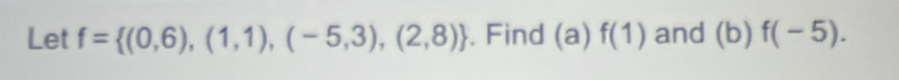 Let f= (0,6),(1,1),(-5,3),(2,8). Find (a) f(1) and (b)f(-5).