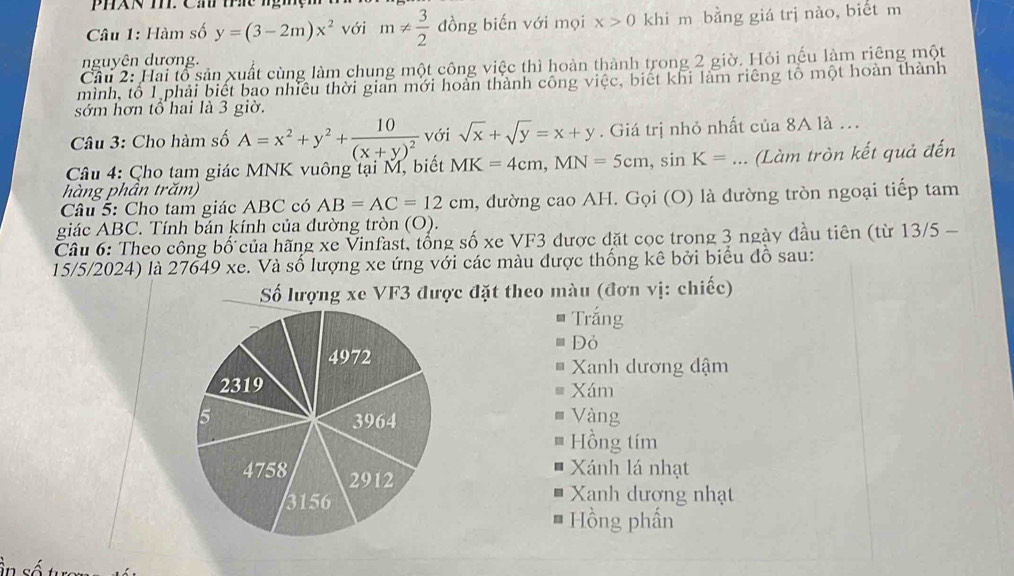 PAN T. Cầ tc n g h 
Câu 1: Hàm số y=(3-2m)x^2 với m!=  3/2  đồng biến với mọi x>0 khi m bằng giá trị nào, biết m
nguyên dương.
Cầu 2: Hai tổ sản xuất cùng làm chung một công việc thì hoàn thành trong 2 giờ. Hỏi nếu làm riêng một
mình, tổ 1 phải biết bao nhiều thời gian mới hoàn thành công việc, biết khi làm riêng tố một hoàn thành
sớm hơn tổ hai là 3 giờ.
Câu 3: Cho hàm số A=x^2+y^2+frac 10(x+y)^2 với sqrt(x)+sqrt(y)=x+y. Giá trị nhỏ nhất của 8A là ...
Câu 4: Cho tam giác MNK vuông tại M, biết MK=4cm, MN=5cm, sin K=... (Làm tròn kết quả đến
hàng phần trăm)
Câu 5: Cho tam giác ABC có AB=AC=12cm , đường cao AH. Gọi (O) là đường tròn ngoại tiếp tam
giác ABC. Tính bán kính của đường tròn (O).
Câu 6: Theo công bố của hãng xe Vinfast, tổng số xe VF3 được đặt cọc trong 3 ngày đầu tiên (từ 13/5 -
15/5/2024) là 27649 xe. Và số lượng xe ứng với các màu được thống kê bởi biểu đồ sau:
Số lượng xe VF3 được đặt theo màu (đơn vị: chiếc)
Trắng
Dỏ
Xanh dương dậm
Xám
Vàng
Hồng tím
Xánh lá nhạt
Xanh dương nhạt
Hồng phấn