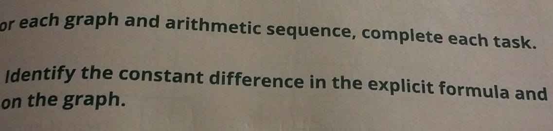 or each graph and arithmetic sequence, complete each task. 
Identify the constant difference in the explicit formula and 
on the graph.