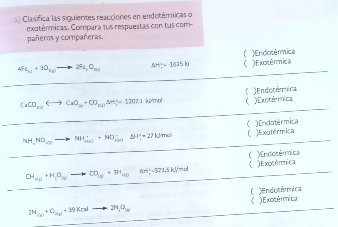 Clasifica las siguientes reacciones en endotérmicas o
exotérmicas. Compara tus respuestas con tus com-
pañeros y compañeras.
( )Endotérmica
4Fe_(s)+3O_2(g)to 2Fe_2O_3(s)
△ H_r^((circ)=-1625kJ
( )Exotérmica
( )Endotérmica
CaCO_3(s))Longleftrightarrow CaO_(s)+CO_2(g)△ )H_r^((circ)=-1207.1 k/mol ( )Exotérmica
( )Endotérmica
NH_4)NO_3(s)to NH_(4(ac))^++NO_(3(ac))^+△ H_f^(o=27 kM mol
( )Exotérmica
( )Endotérmica
( )Exotérmica
CH_4(g))+H_2O_(g)to CO_(g)+3H_2(g)Delta H_r=323.5kJ/mol
( )Endotérmica
(
2N_2(g)+O_2(g)+39Kcalto 2N_2O_(g) )Exotérmica