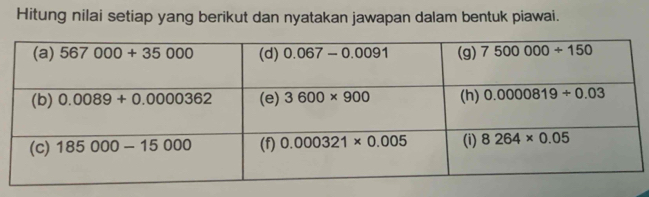 Hitung nilai setiap yang berikut dan nyatakan jawapan dalam bentuk piawai.