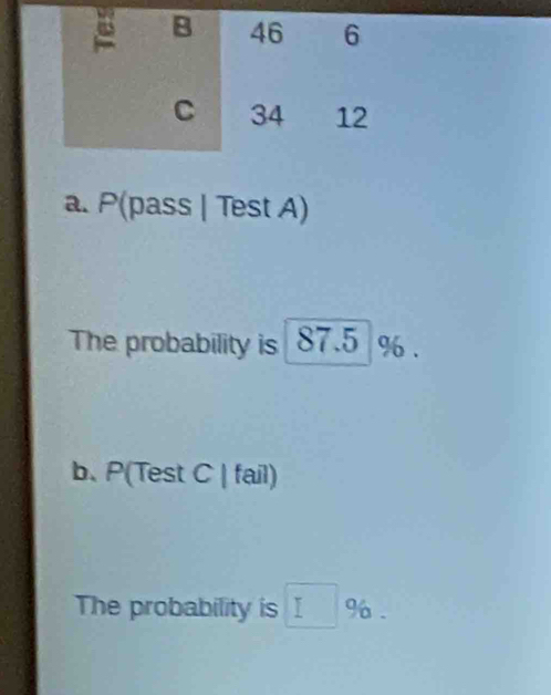 P(pass | Test A) 
The probability is 87.5 %. 
b、 P(Test C | fail) 
The probability is □ %.