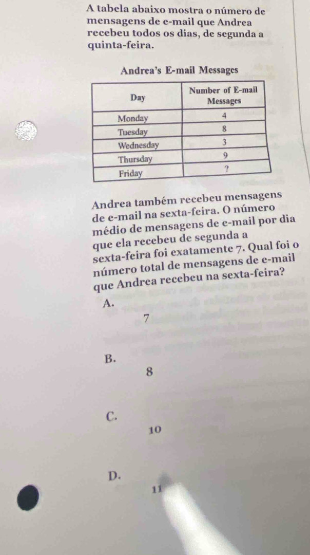 A tabela abaixo mostra o número de
mensagens de e-mail que Andrea
recebeu todos os dias, de segunda a
quinta-feira.
Andrea’s E-mail Messages
Andrea também recebeu mensagens
de e-mail na sexta-feira. O número
médio de mensagens de e-mail por dia
que ela recebeu de segunda a
sexta-feira foi exatamente 7. Qual foi o
número total de mensagens de e-mail
que Andrea recebeu na sexta-feira?
A.
7
B.
8
C.
10
D.
11