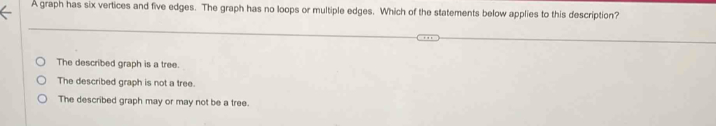 A graph has six vertices and five edges. The graph has no loops or multiple edges. Which of the statements below applies to this description?
The described graph is a tree.
The described graph is not a tree.
The described graph may or may not be a tree.