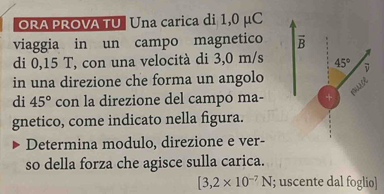 ORA PROVA TU| Una carica di 1,0 μC
viaggia in un campo magnetico 
di 0,15 T, con una velocità di 3,0 m/s
in una direzione che forma un angolo
di 45° con la direzione del campo ma-
gnetico, come indicato nella figura.
Determina modulo, direzione e ver-
so della forza che agisce sulla carica.
[3,2* 10^(-7)N; uscente dal foglio]