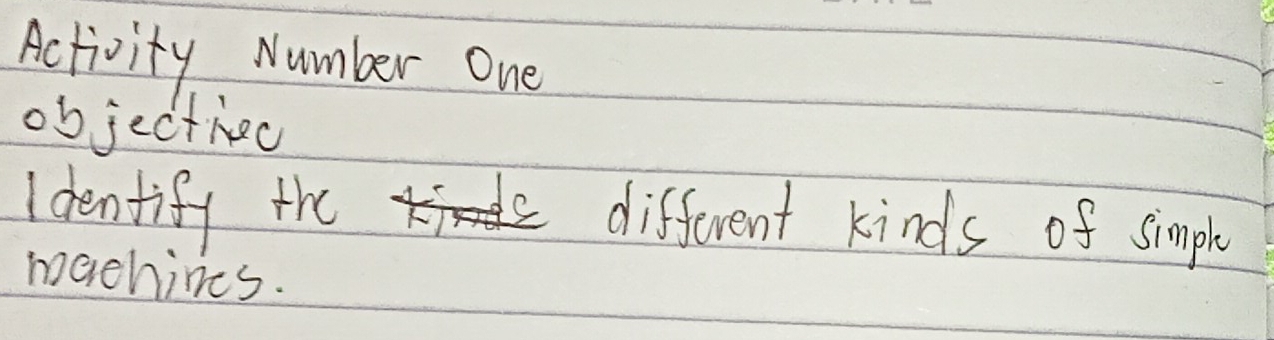 Activity Number one 
ob jectivc 
Identify the different kinds of simple 
machines.