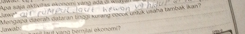 Apa saja aktivitas ekonomi yang ada di wilayali . 
Mengapa daérah dataran tinggi kurang cocok untuk usaha tambak ikan? Jaw e 
Jawab: 
il laut yang bernilai ekonomi ?