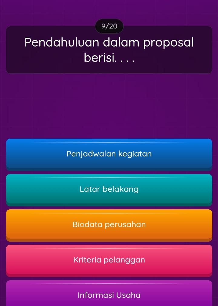 9/20
Pendahuluan dalam proposal
berisi. . . .
Penjadwalan kegiatan
Latar belakang
Biodata perusahan
Kriteria pelanggan
Informasi Usaha