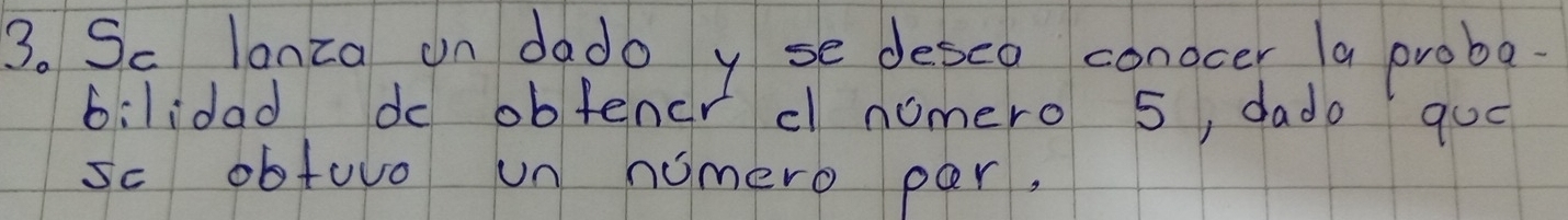 Sc lanza on dado yse desco conocer la proba. 
bilidad do obtencrd nomero 5, dado quó 
sc obtovo un nomero per.