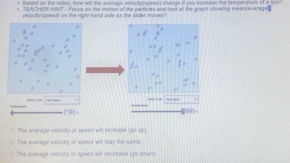 Based on the video, how will the average velocity(speed) change if you increase the temperature of a gas?
TEACHER HINT - Focus on the motion of the particles and look at the graph showing mean(averagel)
velocity(speed) on the right-hand side as the slider moves!!
Select a gas Hydrogm Select a gão Hydrogen
Timperatuls Temperaturs
90
1000 K
The average velocity or speed will increase (go up).
The average velocity or speed will stay the same.
The average velocity or speed will decrease (go down).