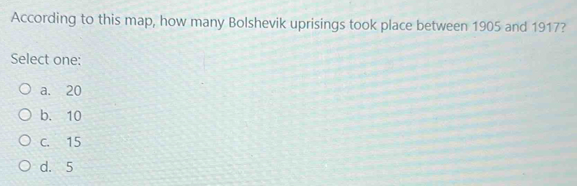 According to this map, how many Bolshevik uprisings took place between 1905 and 1917?
Select one:
a. 20
b. 10
c. 15
d. 5