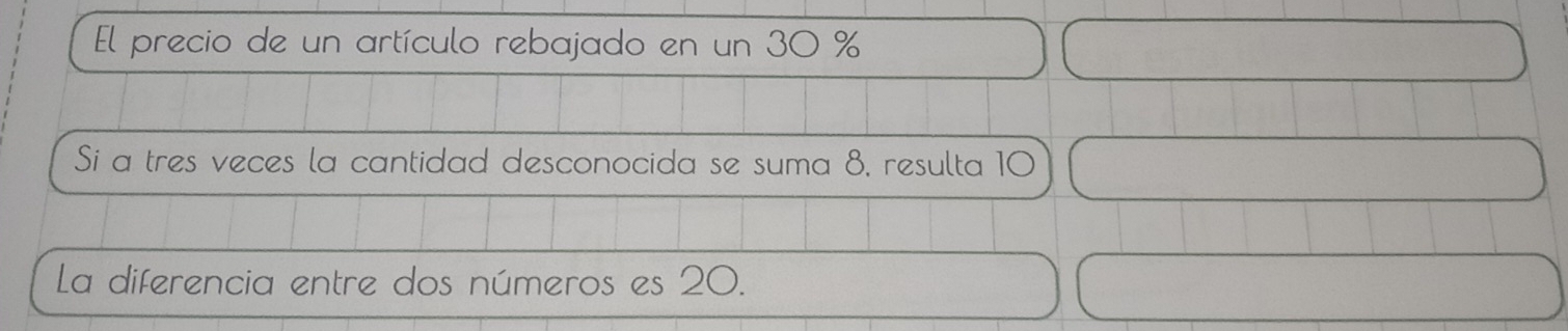 El precio de un artículo rebajado en un 30 %
Si a tres veces la cantidad desconocida se suma 8, resulta 10
La diferencia entre dos números es 20.