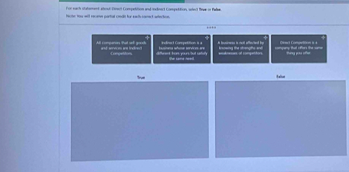 for each statement stout Divect Competition and indirect Competition, select Tree or Talse
Noter 'You will reveive partial credit for each conect sellection 
..
All companies that sell good and senvices are indired! business whose services are Indireul Competition is a knowing the strengths and A business is not affected by company that ofters the same Direct Comvettiot is à
Competitors. different from yours but satisly the same need . weaknesses of competitons. thing you ofter .
True False