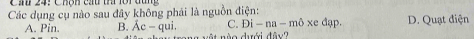 Cin 24: Chộn cấu trứ lới đụng
Các dụng cụ nào sau đây không phải là nguồn điện:
C. Di-na-mhat o D. Quạt điện
A. Pin. B. vector Ac-qui xe đạ
d d ư ới đâ y