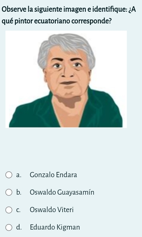 Observe la siguiente imagen e identifique: ¿A
qué pintor ecuatoriano corresponde?
a. Gonzalo Endara
b. Oswaldo Guayasamín
c. Oswaldo Viteri
d. Eduardo Kigman