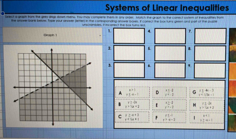 Systems of Linear Inequalities
Select a graph from the grey drop down menu. You may complete them in any order. Match the graph to the correct system of Inequallities from
the answer bank below. Type your answer (letter) in the corresponding answer boxes, if correct the box turns green and part of the puzzle
unscrambles. If incorrect the box turns red.
1.
4.
7.
Graph 1
2.
5.
8.
3.
6.
9.
x>1 x≤ -2 y≤ -4x-3
A y≤ -x-1 D y G y<1/3x-1
y≥ -2x
y≤ -2x
B y>1/x+2 E  (x≥ -2)/x>-2  H y>1/4x+2
y≤ -1 x<1</tex>
C y≥ -x+3 F y>-x-2 | y≥ -x-1
y<1/2x+1