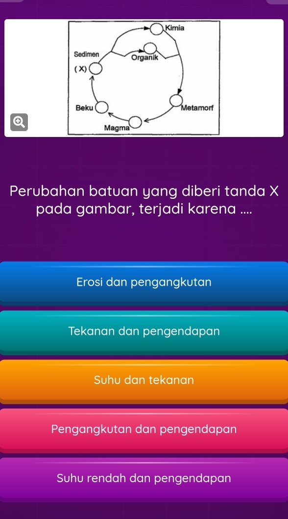 Perubahan batuan yang diberi tanda X
pada gambar, terjadi karena ....
Erosi dan pengangkutan
Tekanan dan pengendapan
Suhu dan tekanan
Pengangkutan dan pengendapan
Suhu rendah dan pengendapan