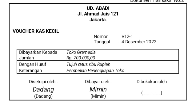 Dokuten Tansakst No.2 
UD. ABADI 
Jl. Ahmad Jais 121
Jakarta. 
VOUCHER KAS KECIL 
Nomor : V12-1 
Tanggal : 4 Desember 2022 
Disetujui oleh : Dibayar oleh : Dibukukan oleh 
Dadang Mimin 
_ 
(Dadang) (Mimin)