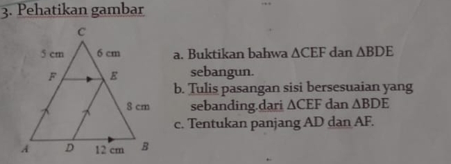 Pehatikan gambar 
a. Buktikan bahwa △ CEF dan △ BDE
sebangun. 
b. Tulis pasangan sisi bersesuaian yang 
sebanding.dari △ CEF dan △ BDE
c. Tentukan panjang AD dan AF.