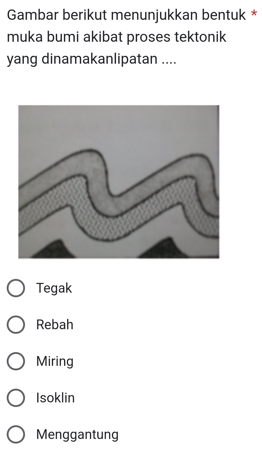 Gambar berikut menunjukkan bentuk *
muka bumi akibat proses tektonik
yang dinamakanlipatan ....
Tegak
Rebah
Miring
Isoklin
Menggantung