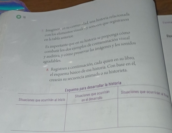 Escena 
7. Imaginen, en su comunidad, una historía relacionada 
en la tabla anterior. con los elementos visuales y sonoros que registraron 
Es importante que en su historia se proponga cómo 
combatir los dos ejemplos de contaminación visual 
Re 
y auditiva, y cómo preservar las imágenes y los sonidos 
agradables. 
8. Registren a continuación, cada quien en su libro, 
el esquema básico de esa historia. Con base en él, 
n su secuencia animada o su historieta.