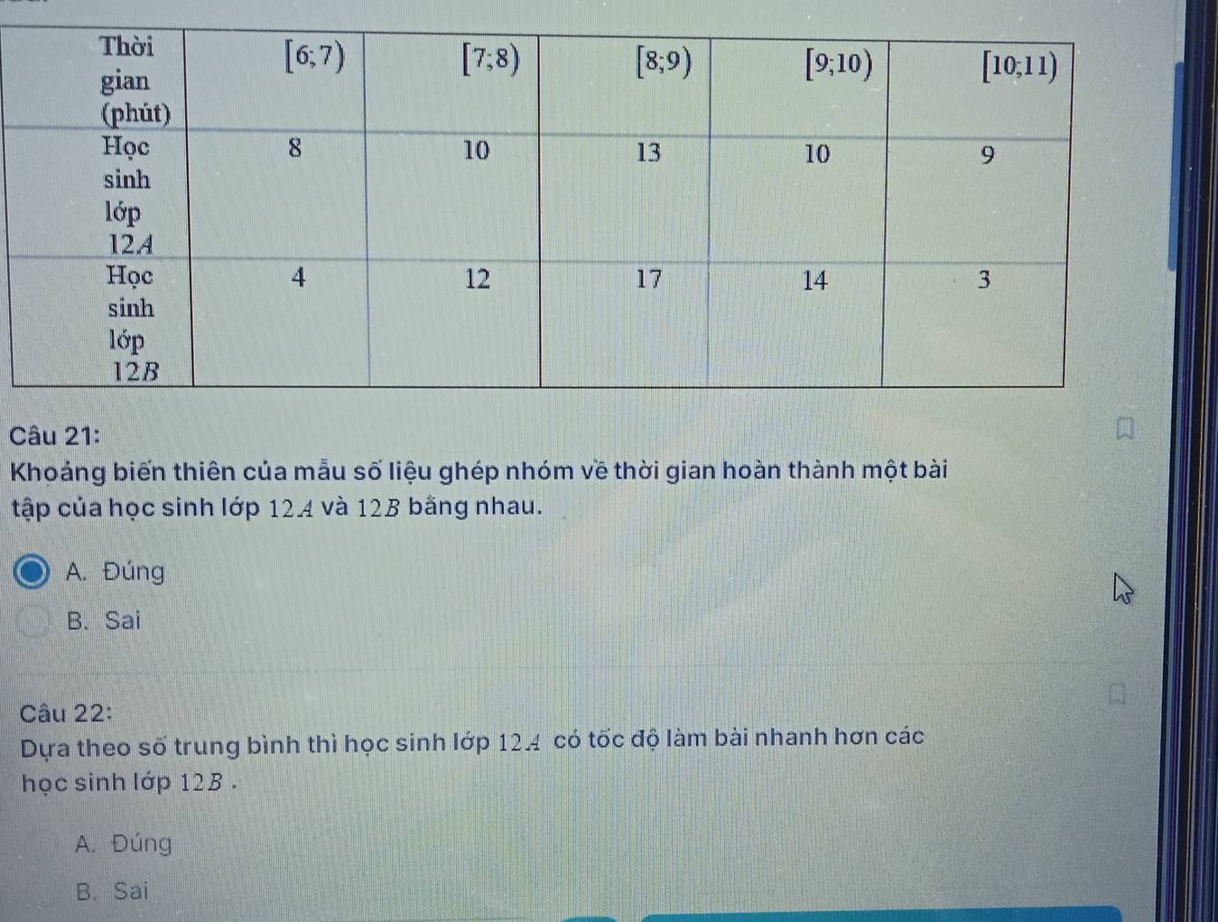 Khoảng biến thiên của mẫu số liệu ghép nhóm về thời gian hoàn thành một bài
tập của học sinh lớp 12.4 và 12B bằng nhau.
A. Đúng
B. Sai
Câu 22:
Dựa theo số trung bình thì học sinh lớp 124 có tốc độ làm bài nhanh hơn các
học sinh lớp 12B .
A. Đúng
B. Sai