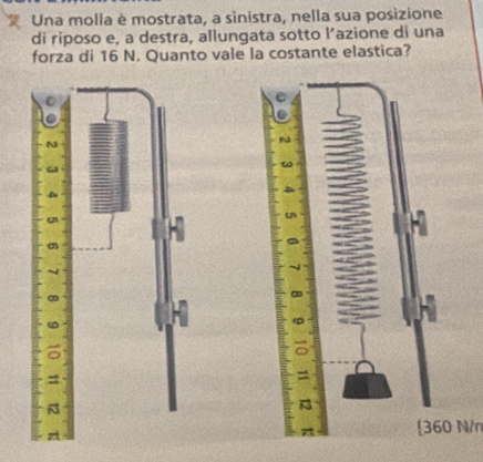 Una molla è mostrata, a sinistra, nella sua posizione 
di riposo e, a destra, allungata sotto l’azione di una 
forza di 16 N. Quanto vale la costante elastica?
0 N/r