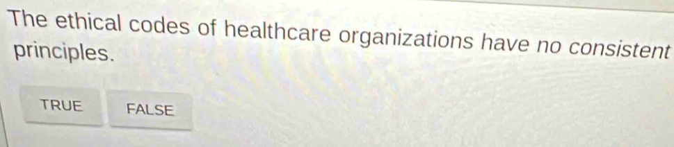 The ethical codes of healthcare organizations have no consistent
principles.
TRUE FALSE