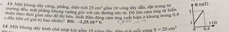 Một khung dây cứng, phẳng, diện tích 25cm^2 gồm 10 vòng dây dẫn, đặt trong từ 
trường đều, mặt phẳng khung vuộng góc với các đường sức từ. Độ lớn cảm ứng từ biển 
thiên theo thời gian như đồ thị bên. Suất điện động cảm ứng xuất hiện ở khung trong 0,4
s đầu tiên có giá trị bao nhiêu? ĐS: -1,25.10^(-4)V.
14. Một khung dây hình chữ nhật kín gồm 10 vòng dây, diện tích mỗi vòng S=20cm^2 0 0,4