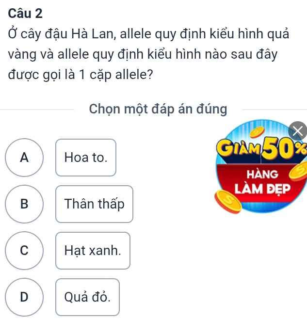 Ở cây đậu Hà Lan, allele quy định kiểu hình quả
vàng và allele quy định kiểu hình nào sau đây
được gọi là 1 cặp allele?
Chọn một đáp án đúng
A Hoa to.
GIAM50%
B Thân thấp
C Hạt xanh.
D Quả đỏ.