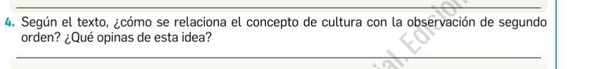 Según el texto, ¿cómo se relaciona el concepto de cultura con la observación de segundo 
orden? ¿Qué opinas de esta idea? 
_