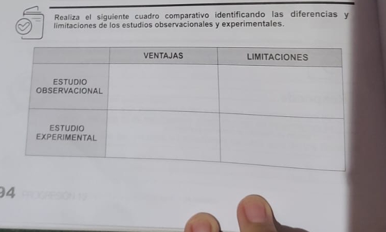 Realiza el siguiente cuadro comparativo identificando las diferencias y 
limitaciones de los estudios observacionales y experimentales. 
4