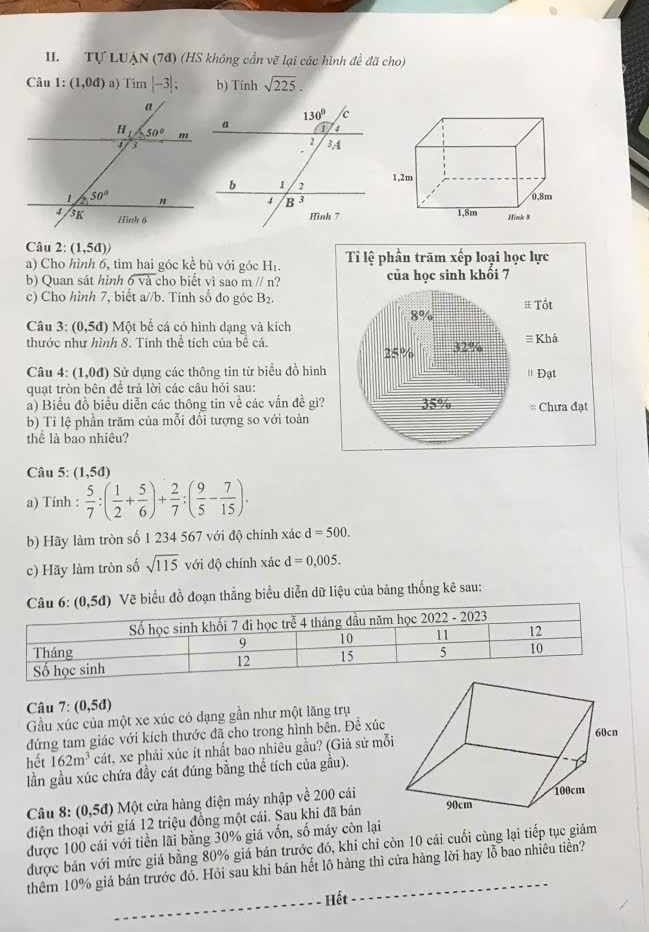 ∈t LUAN(7d) (HS không cần vẽ lại các hình đề đã cho)
Câu 1:(1,0d) a) Tim |-3|; b) Tính sqrt(225).
Câu 2:(1,5d)
a) Cho hình 6, tim hai góc kd bù với góc H₁ 
b) Quan sát hình overline 6va cho biết vì sao m//n ?
c) Cho hình 7, biết a//b. Tính số đo góc B_2.
Câu 3: (0,5d) Một bể cá có hình dạng và kích
thước như hình 8. Tính thể tích của bề cá.
Câu 4: (1,0d) Sử dụng các thông tin từ biểu đồ hì
quạt tròn bên đề trả lời các câu hỏi sau:
a) Biểu đồ biểu diễn các thông tin về các vẫn đề g
b) Tỉ lệ phần trăm của mỗi đổi tượng so với toàn
thể là bao nhiêu?
Câu 5: (1,5d)
a) Tính :  5/7 :( 1/2 + 5/6 )+ 2/7 :( 9/5 - 7/15 )·
b) Hãy làm tròn số 1 234 567 với độ chính xác d=500.
c) Hãy làm tròn số sqrt(115) với độ chính xác d=0,005.
Vẽ biểu đồ đoạn thắng biểu diễn dữ liệu của bảng thống kê sau:
Câu 7:(0,5d)
Gầu xúc của một xe xúc có dạng gần như một lăng trụ
đứng tam giác với kích thước đã cho trong hình bên. Để xúc
hết 162m^3cat , xe phải xúc ít nhất bao nhiều gầu? (Giả sử mỗ
lần gầu xúc chứa đầy cát đúng bằng thể tích của gầu).
Câu 8: (0,5đ) Một cửa hàng điện máy nhập về 200 cái
điện thoại với giá 12 triệu đồng một cái. Sau khi đã bản
được 100 cái với tiền lãi bằng 30% giá vốn, số máy còn lại
được bản với mức giá bằng 80% giá bản trước đó, khi chỉ còn 10 cái cuối cùng lại tiếp tục giảm
thêm 10% giá bán trước đó. Hỏi sau khi bán hết lô hàng thì cửa hàng lời hay lỗ bao nhiêu tiền?
_Hết