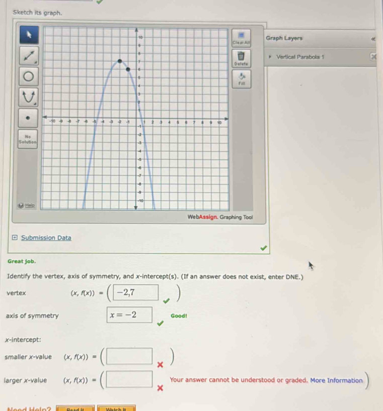 Sketch its graph. 
Graph Layers 
e ar All 
Vertical Parabola 1 
Delete 
Fill 
No 
Solution 
Help 
ng Tool 
Submission Data 
Great job. 
Identify the vertex, axis of symmetry, and x-intercept(s). (If an answer does not exist, enter DNE.) 
vertex (x,f(x))=(-2,7
axis of symmetry x=-2 Good! 
x-intercept: 
smaller x -value (x,f(x))=(□ _* )
larger x -value (x,f(x))=(□ × Your answer cannot be understood or graded. More Information