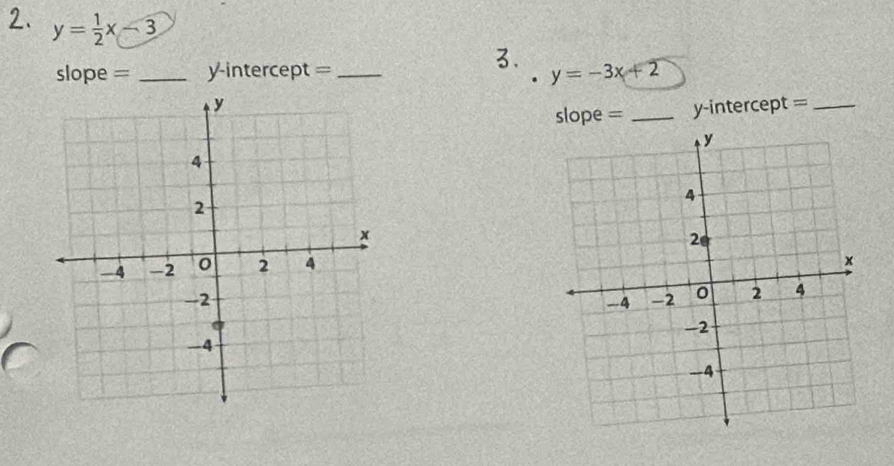 y= 1/2 x-3
3.
slope = _y-intercept = _ y=-3x+2
_y-intercept =_
slope =