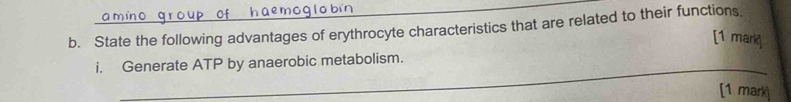 State the following advantages of erythrocyte characteristics that are related to their functions. 
[1 mark 
_ 
i. Generate ATP by anaerobic metabolism. 
[1 mark]