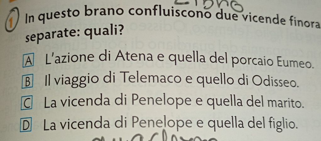 In questo brano confluiscono due vicende finora
separate: quali?
A L’azione di Atena e quella del porcaio Eumeo.
§ Il viaggio di Telemaco e quello di Odisseo.
La vicenda di Penelope e quella del marito.
D La vicenda di Penelope e quella del figlio.