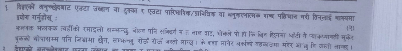 १. दिदएको अनुच्छेदबाट एउटा उखान वा टुक्का र एउटा पारिभाषिक/प्राविधिक वा अनुकरणात्मक शब्द पहिचान गरी तिन्लाई वाक्यमा 
प्रयोग गनुहोस् : 
(3) 
भलक्क भलक्क त्यहींको रमाइलो सम्भन्छु, बोल्न पनि सक्दिन म त लाल दाइ, भोकले पो हो कि छिन छिनमा घाटी नै प्याकप्याक्ती सुकेर 
थूकको थोपासम्म पनि जिभ्रामा छैन, सम्भन्छु, रोऊँ रोऊँ जस्तो लाग्छ। के दशा लागेर अर्काको बहकाउमा मरेर आ'छुनि जस्तो लाग्छ। 
२ दिडएको लनजलेटलार फरन