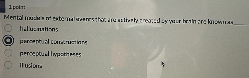 Mental models of external events that are actively created by your brain are known as_
hallucinations
perceptual constructions
perceptual hypotheses
illusions