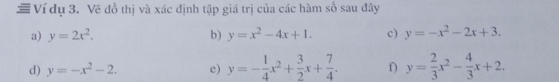 # Ví dụ 3. Vẽ đồ thị và xác định tập giá trị của các hàm số sau đây 
a) y=2x^2. b) y=x^2-4x+1. c) y=-x^2-2x+3. 
d) y=-x^2-2. e) y=- 1/4 x^2+ 3/2 x+ 7/4 . f) y= 2/3 x^2- 4/3 x+2.