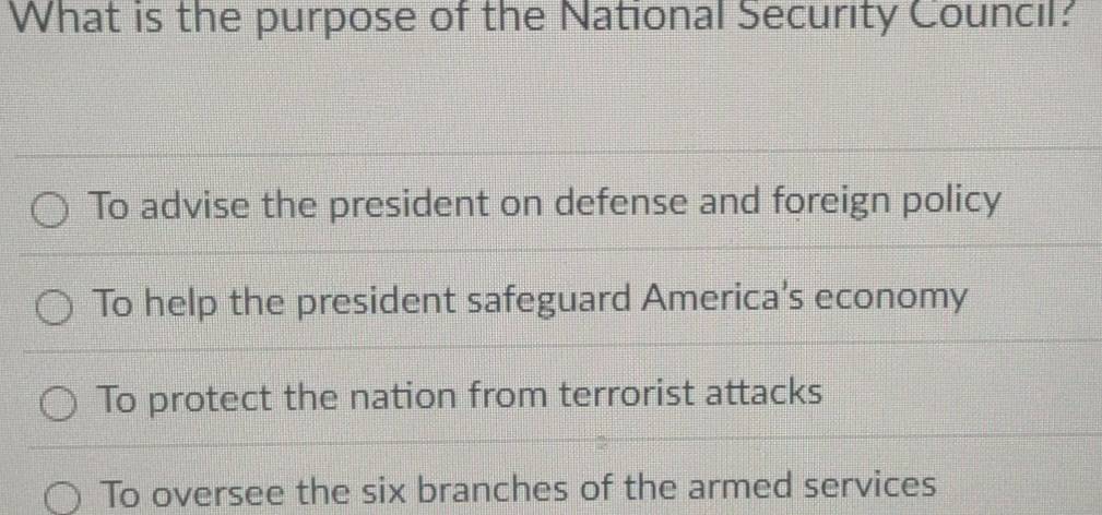 What is the purpose of the National Security Council?
To advise the president on defense and foreign policy
To help the president safeguard America's economy
To protect the nation from terrorist attacks
To oversee the six branches of the armed services